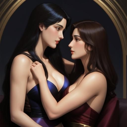 Artemis and Aphrodite Cuddling, Romantic Painting