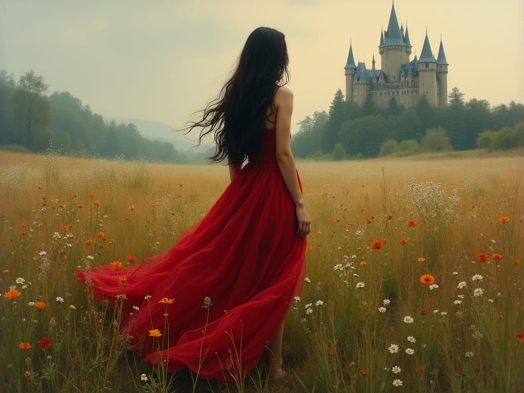 Woman in Crimson Gown in Wildflower Field, Ethereal Lighting