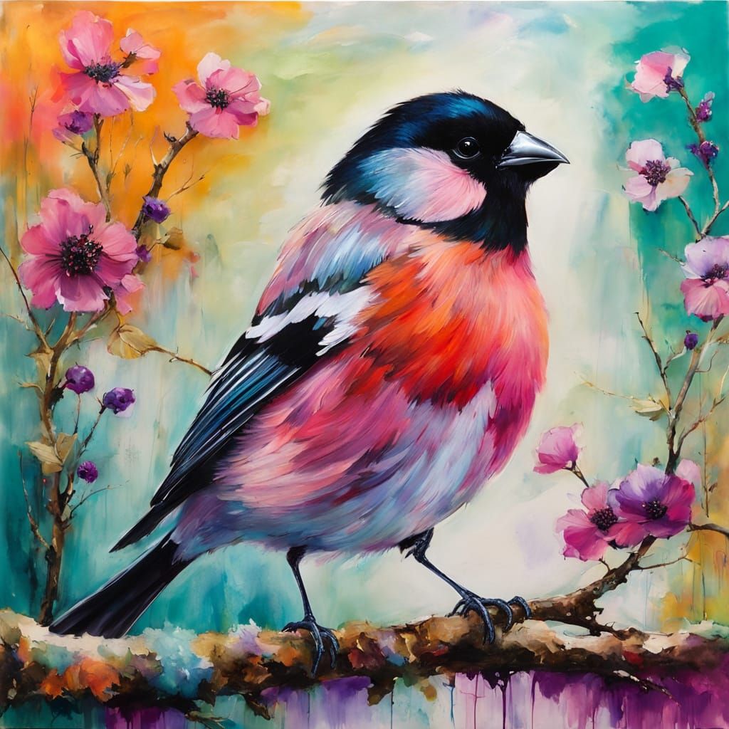 Fluffy Bullfinch in Birdhouses: Delicate Acrylic Painting