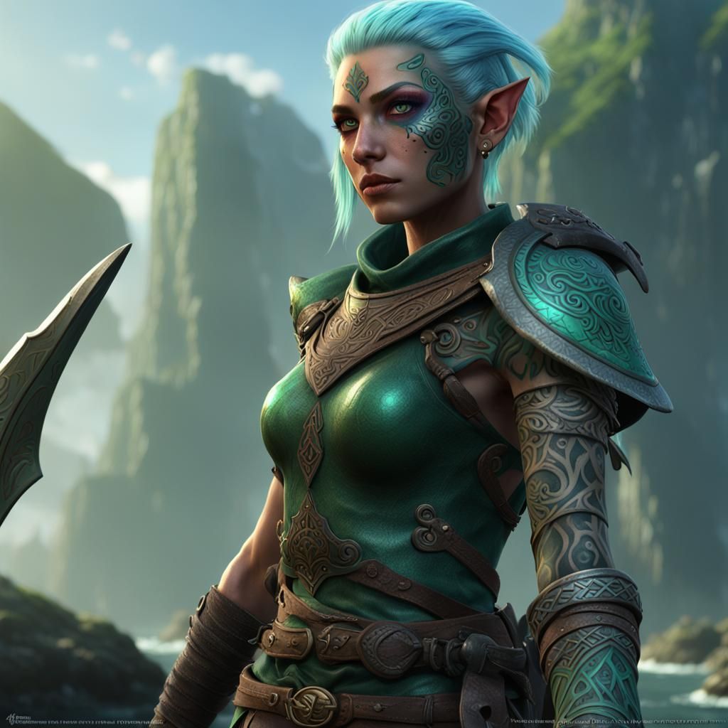 Sea Elf Ranger with Heterochromia in Dark Fantasy Style