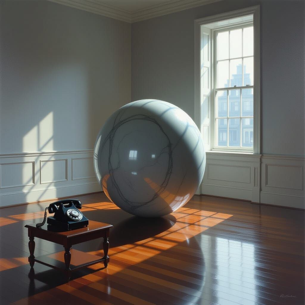 Giant Marble Sphere in Moonlit Room