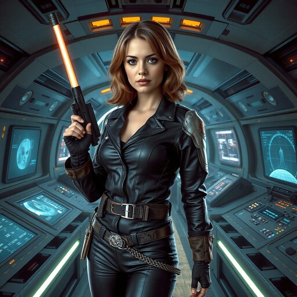 Futuristic Space Pirate on a Starship Bridge