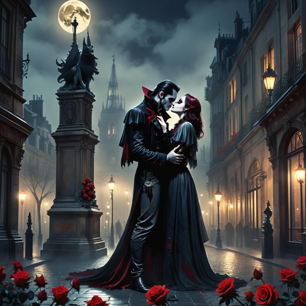 Gothic Vampire Kiss in Moonlit Paris