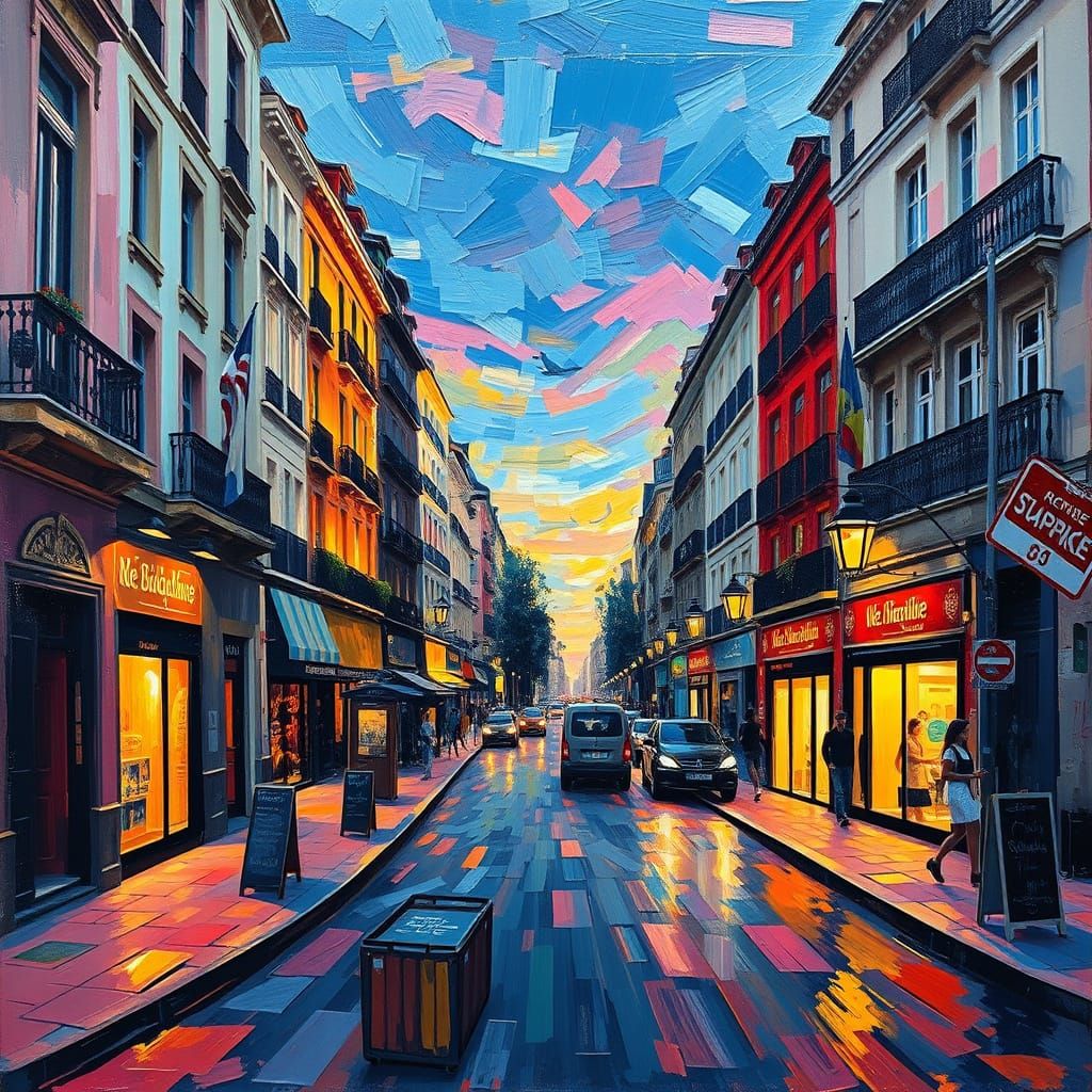 Vibrant City Nightscape in Neo-Impressionist Style Oil Paint...