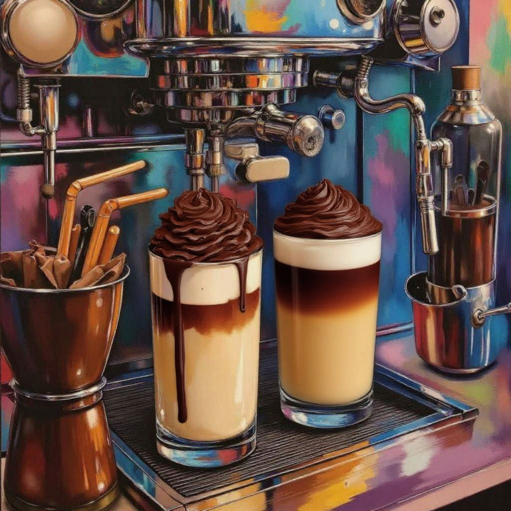 Vibrant Painting of Espresso Machine Pouring Milkshakes