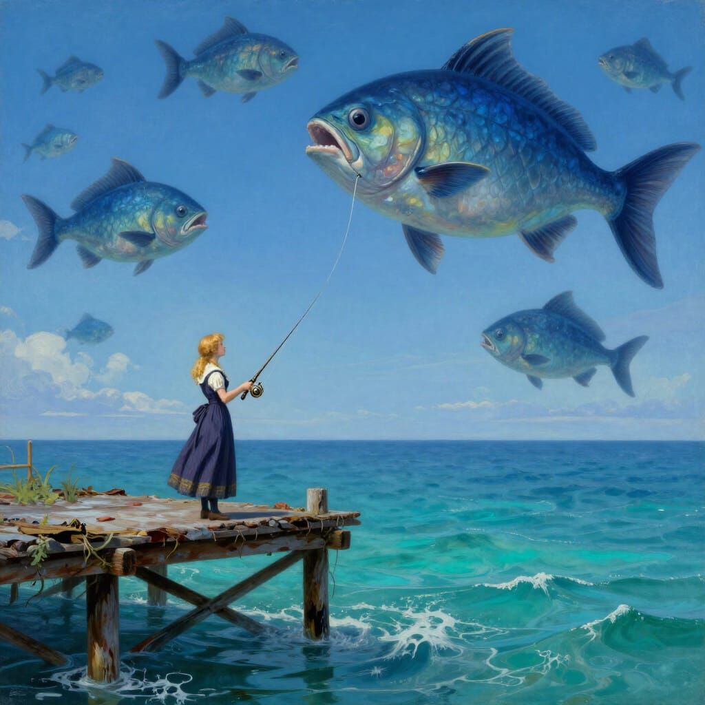 Surreal Victorian Woman Fishes for Levitating Monster Fish