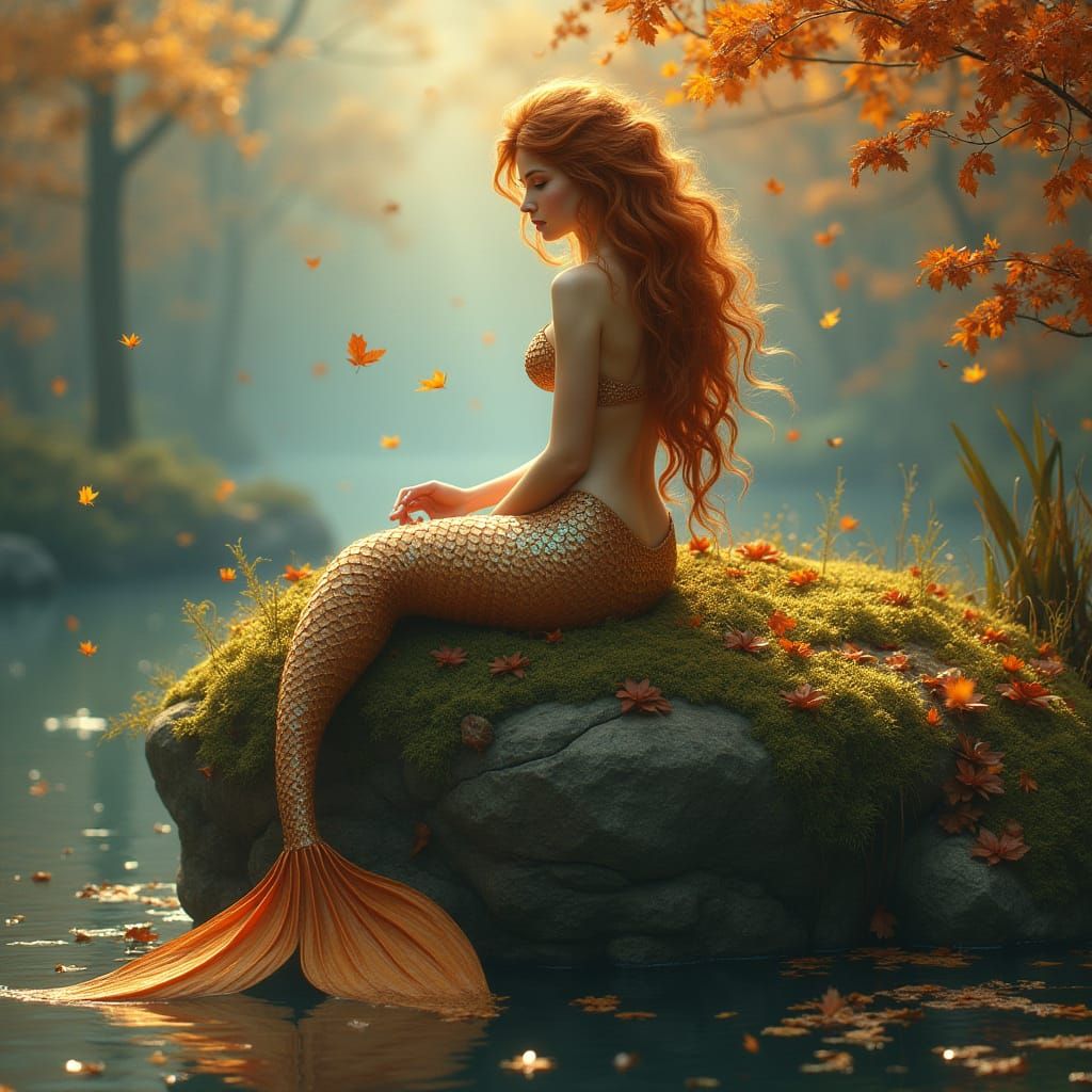 Autumn Mermaid in Enchanted Watercolor Style