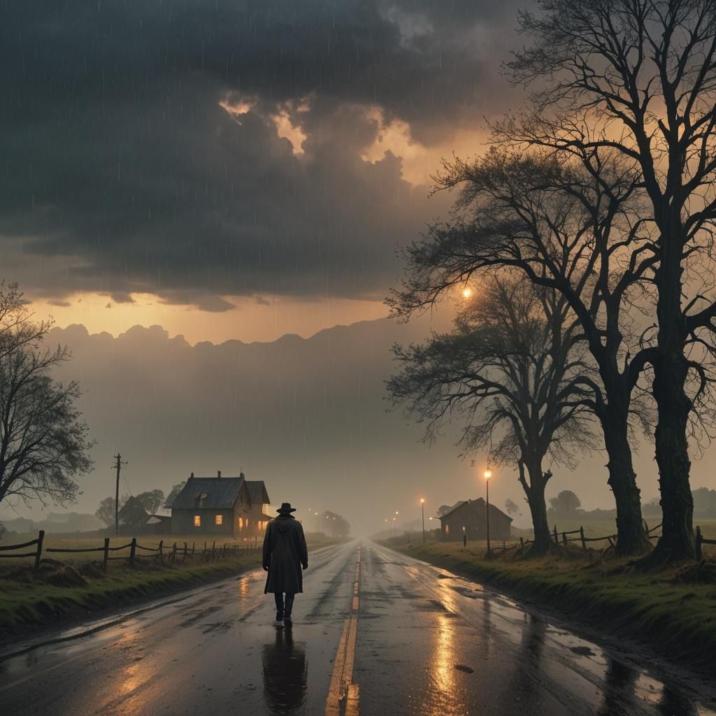 Rainy Night: Lone Figure on Rural Road