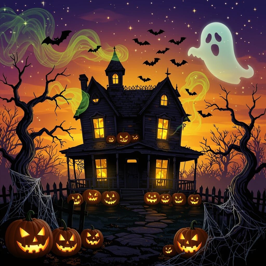 Haunted Halloween House with Glowing Pumpkins and Ghosts