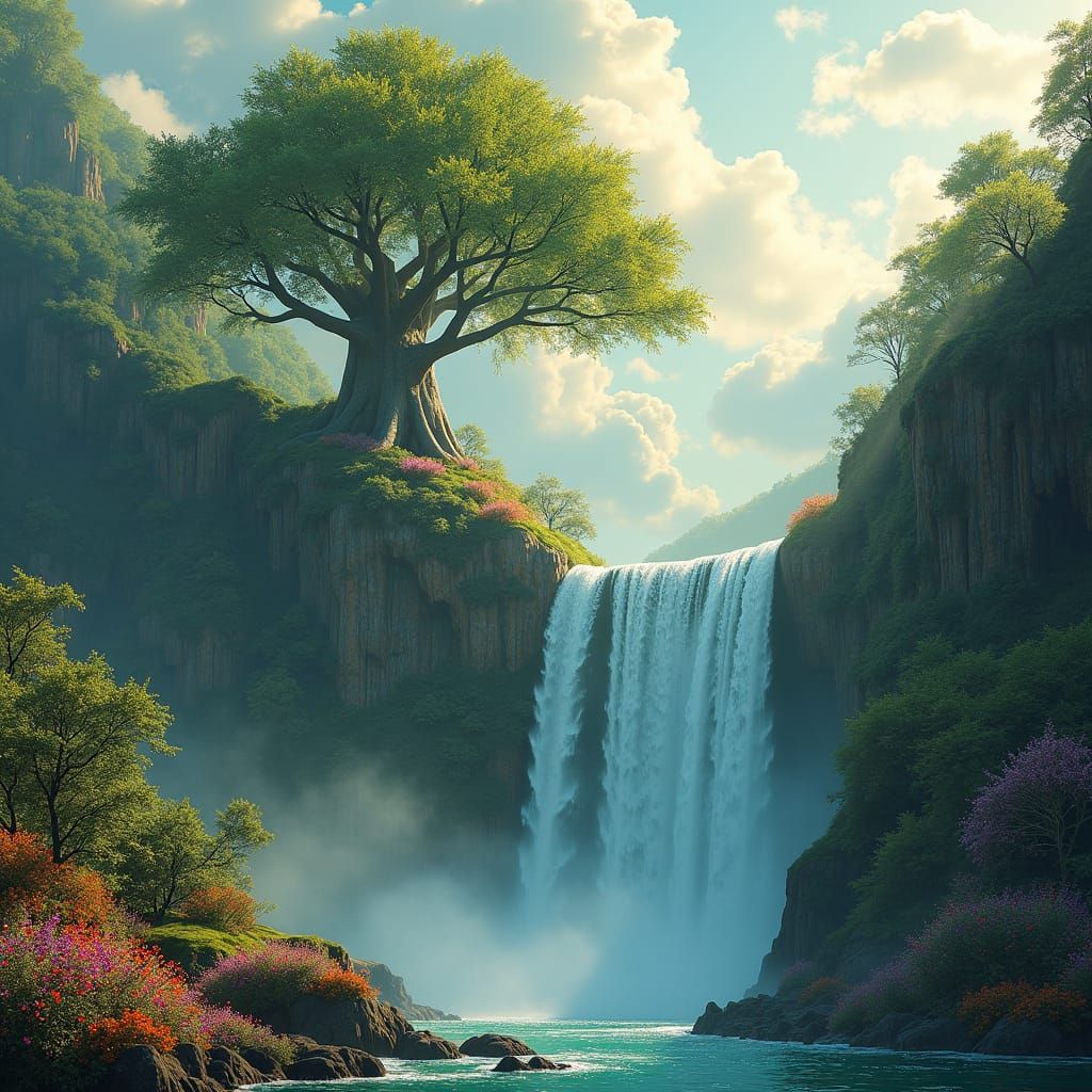 Waterfall and Tree of Life in Painterly Style