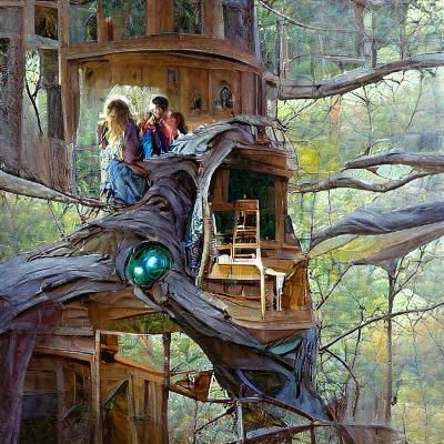 Enchanted Treehouse Forest Oil Painting