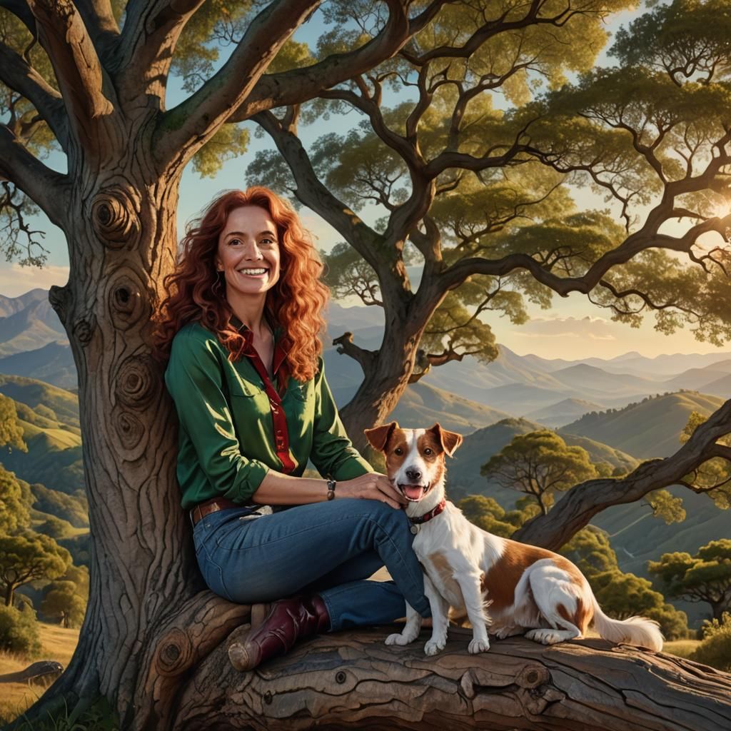 Woman in Tree with Dog, Fantasy Concept Art