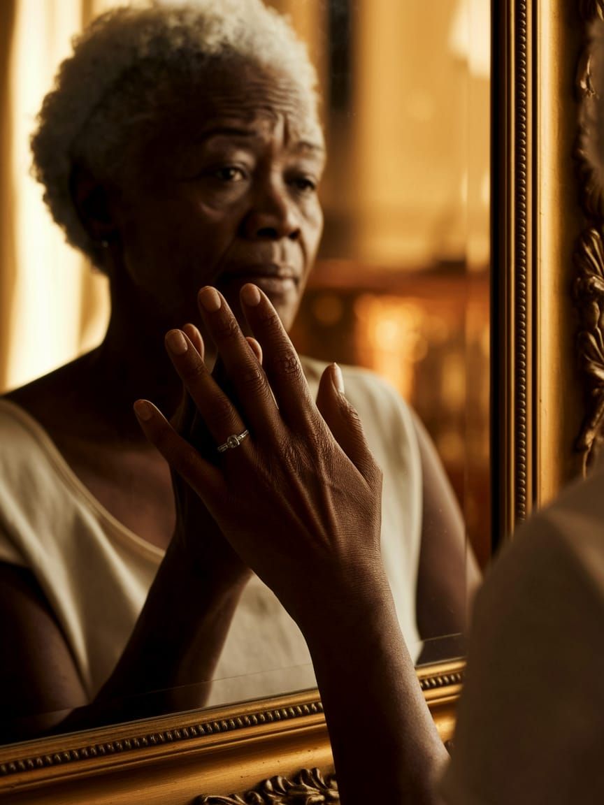 Elegant African Woman Contemplates Her Reflection in a Golde...