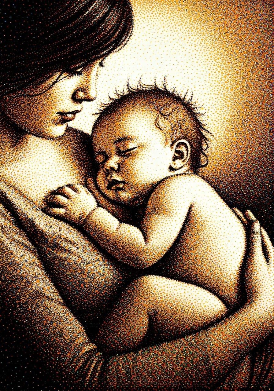 Mother and Baby as Pointillism Art
