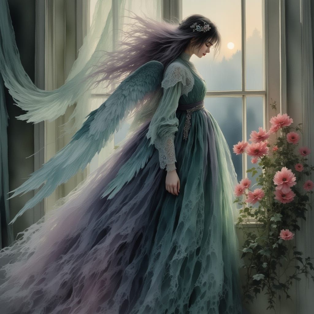 Melancholic Punk Fairy with Blue Wings and Jewel Accents