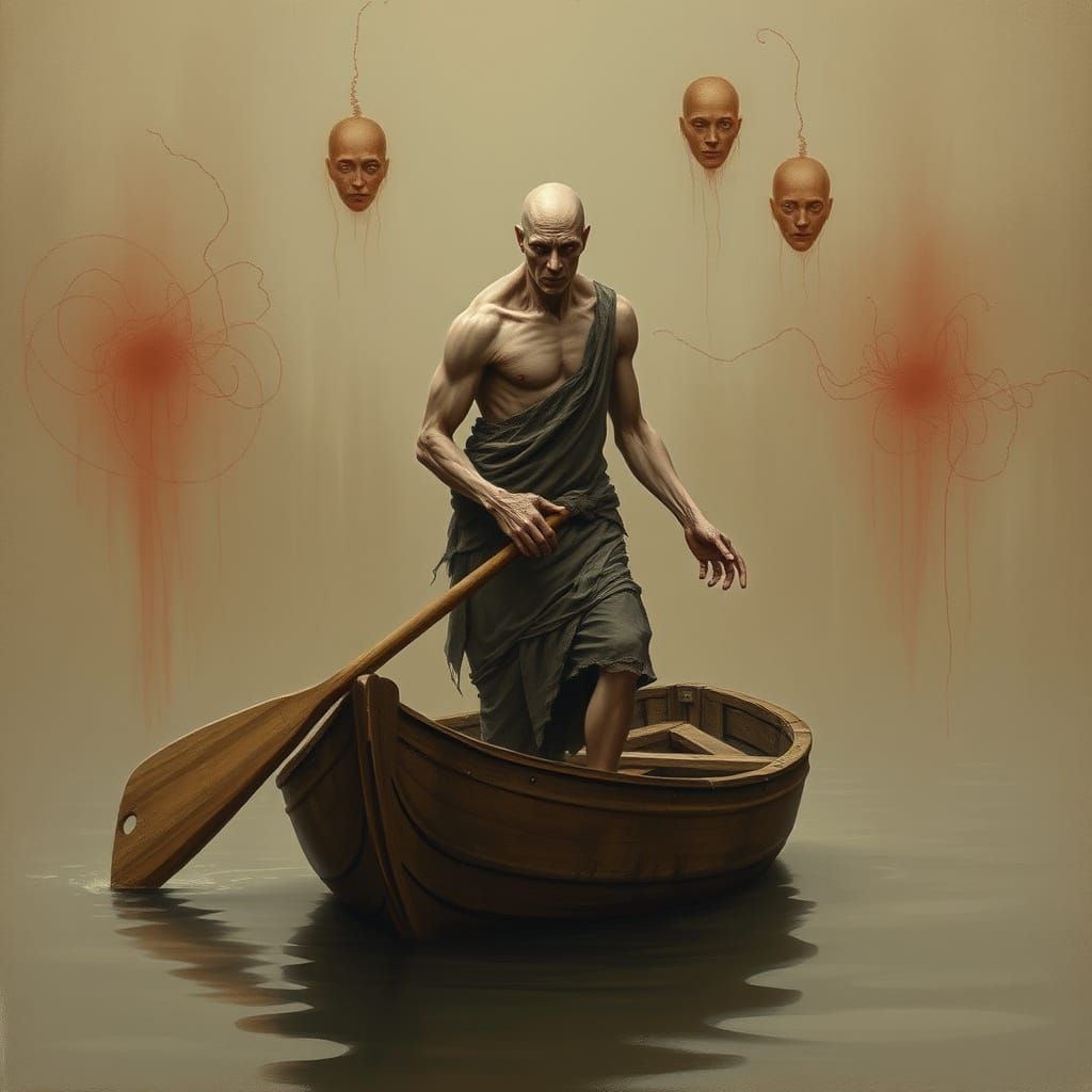 Distorted Humanoid Figure in Boat: Dreamlike Painting