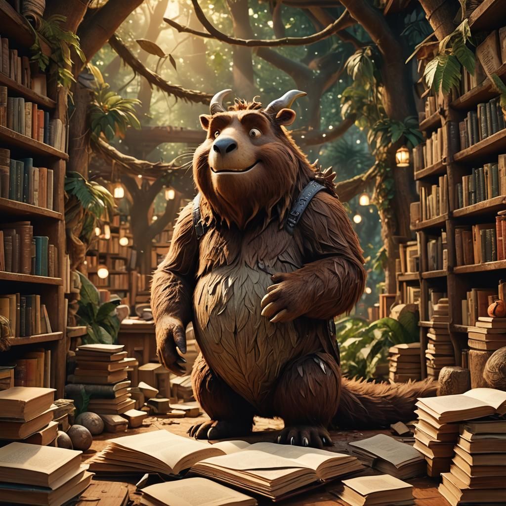 Gruffalo in Cozy Bookstore at Early Dawn