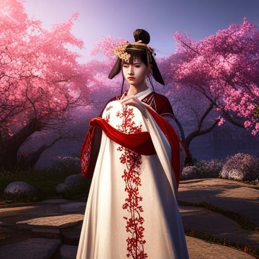 Chinese Women in Traditional Dress with Peach Blossoms