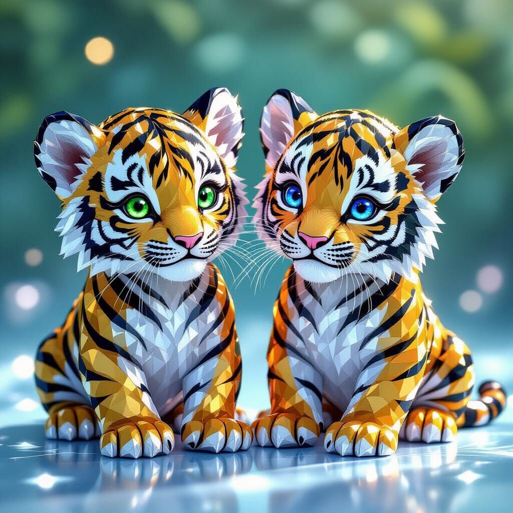Crystal Tiger Cub Twins with Gemstone Eyes