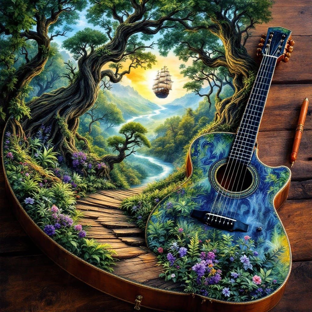 Vivid Forest Landscape Guitar Canvas in 3D Watercolor
