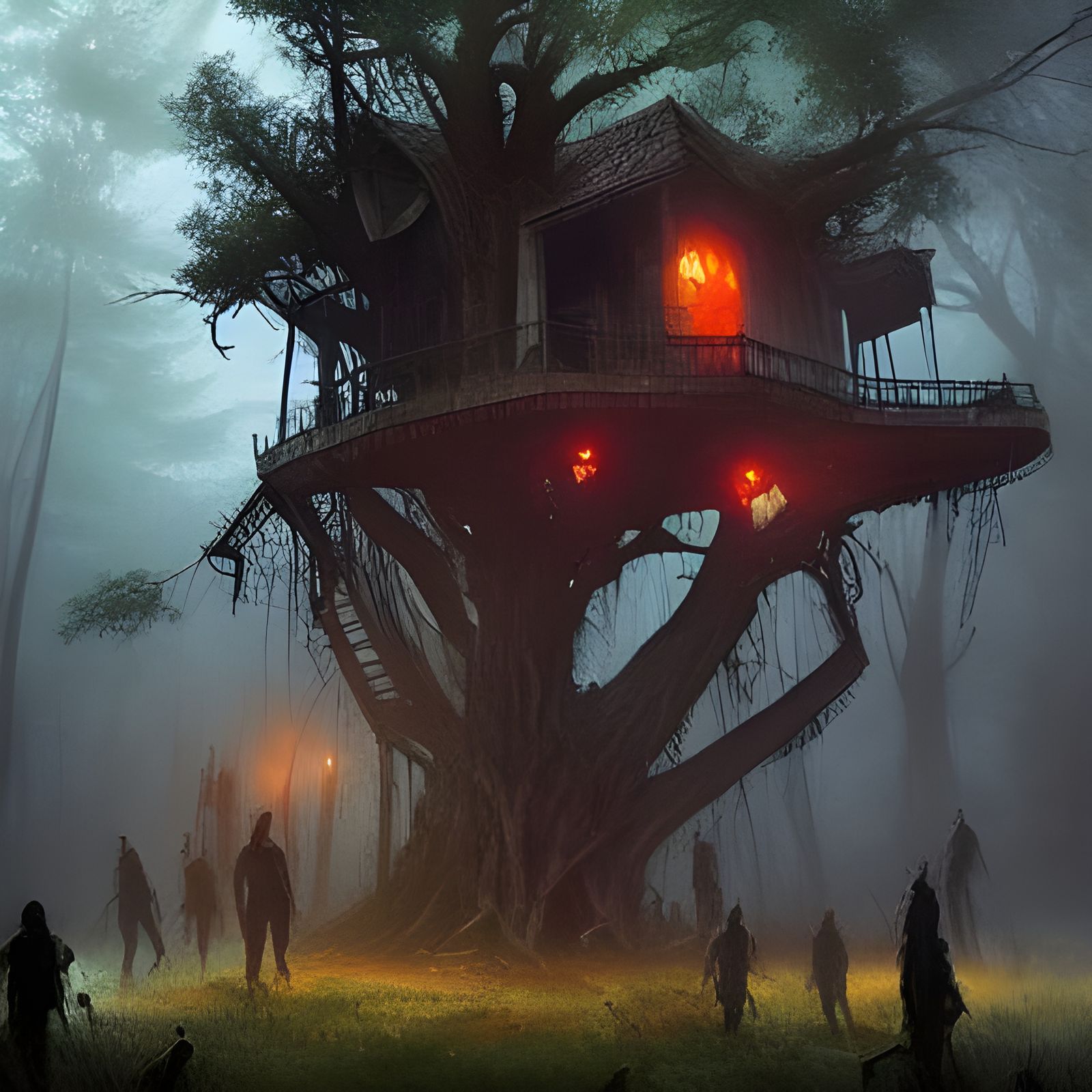 Hyperrealistic Zombie Horde Under Treehouse