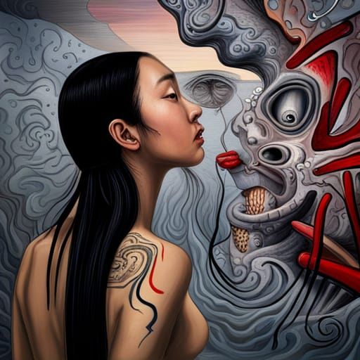 Junji Ito Style Asian Girl in Surreal Horror Setting