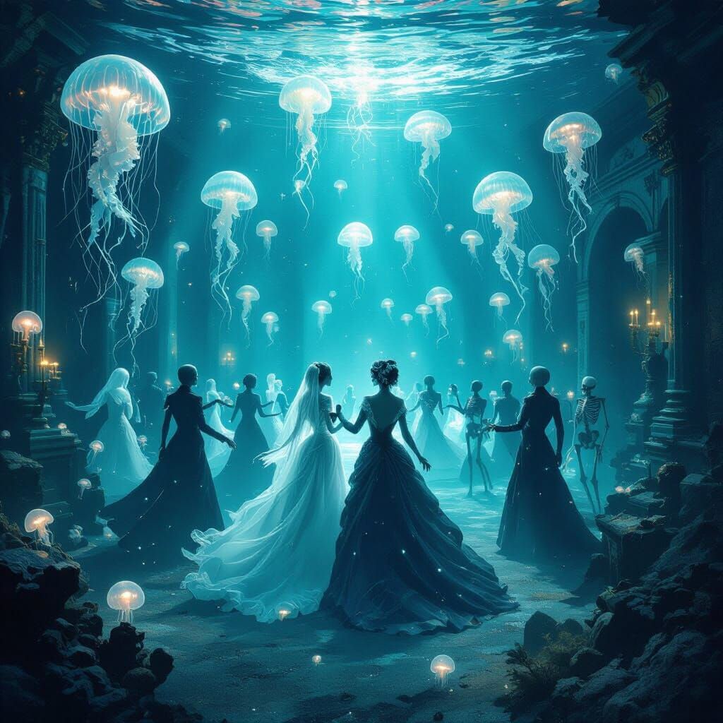 Ghostly Skeletons Waltz in Underwater Ballroom