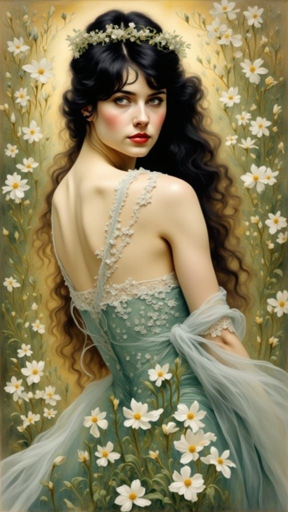 Ethereal Woman in Art Nouveau-Inspired Gown