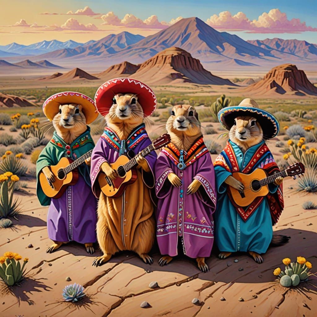 "Six prairie dogs wearing colorful sombreros and traditional Mexican ponchos, all standing away from each other on separ...