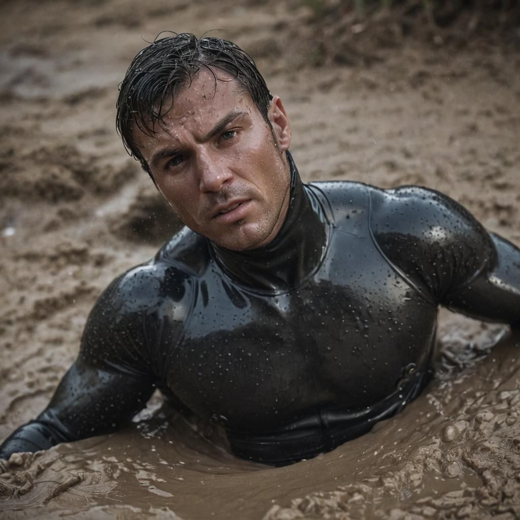 Muscular Man Sinking in Quicksand: High-Fashion Photography