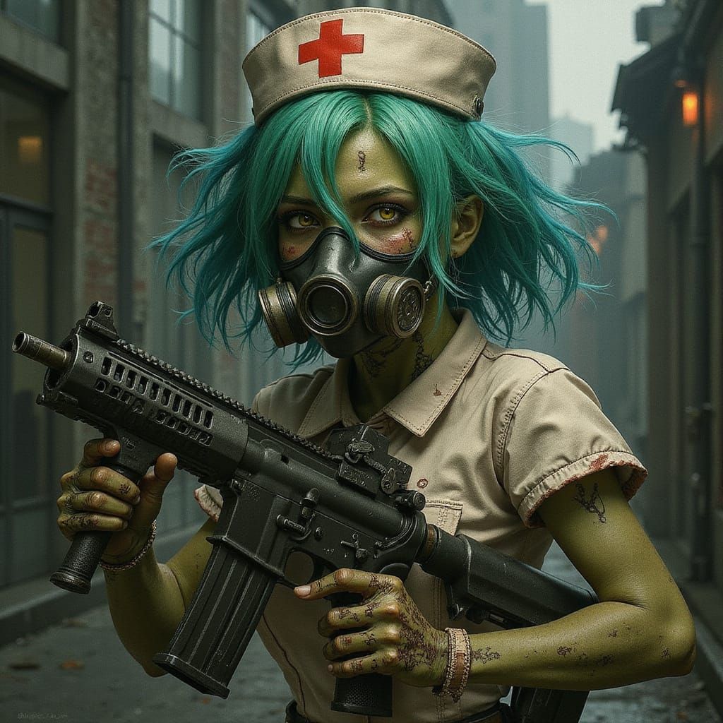 Anime Zombie Nurse with Machine Gun in Detailed Illustration...
