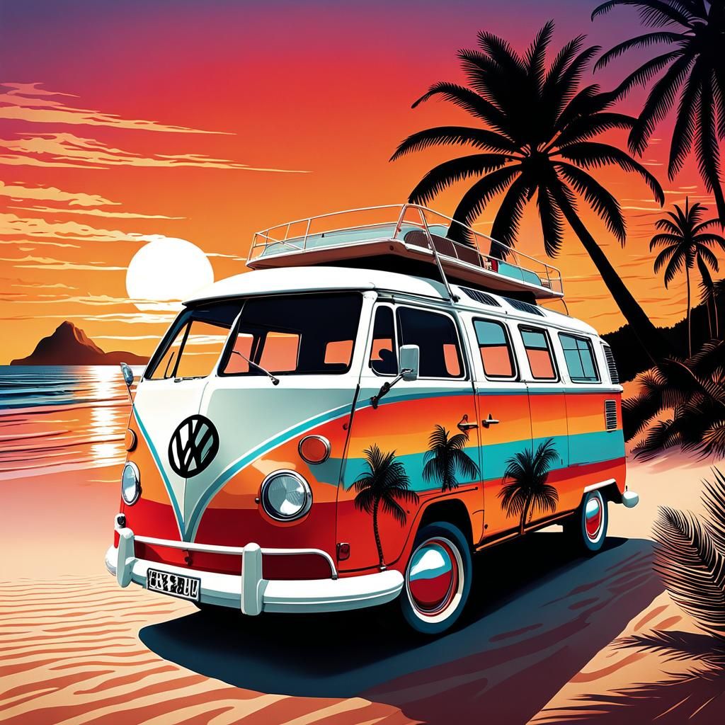 Retro Illustration of VW Camper Van on Beach