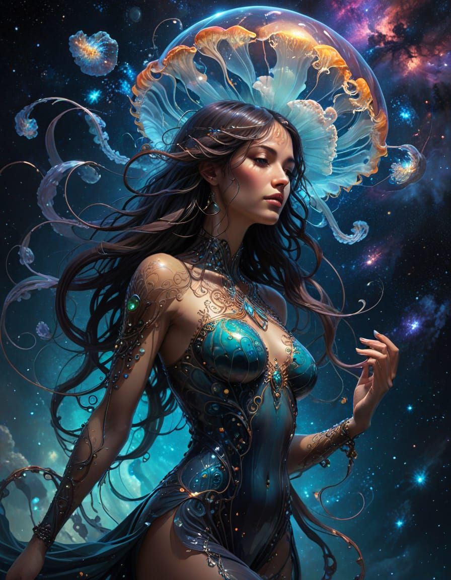 Cosmic Bioluminescent Jellyfish Goddess: Art Nouveau Fantasy