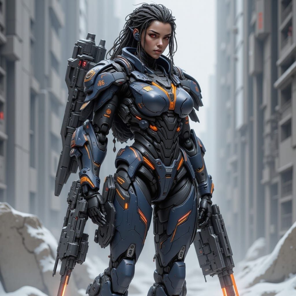 Black Woman in Cobalt Blue Battle Suit with Laser Cannon