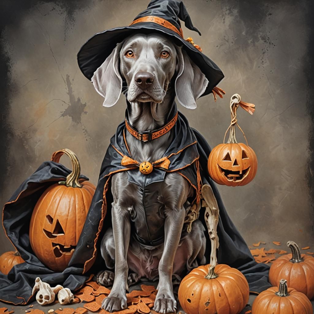 A beautiful weimaraner dressed up for Halloween
