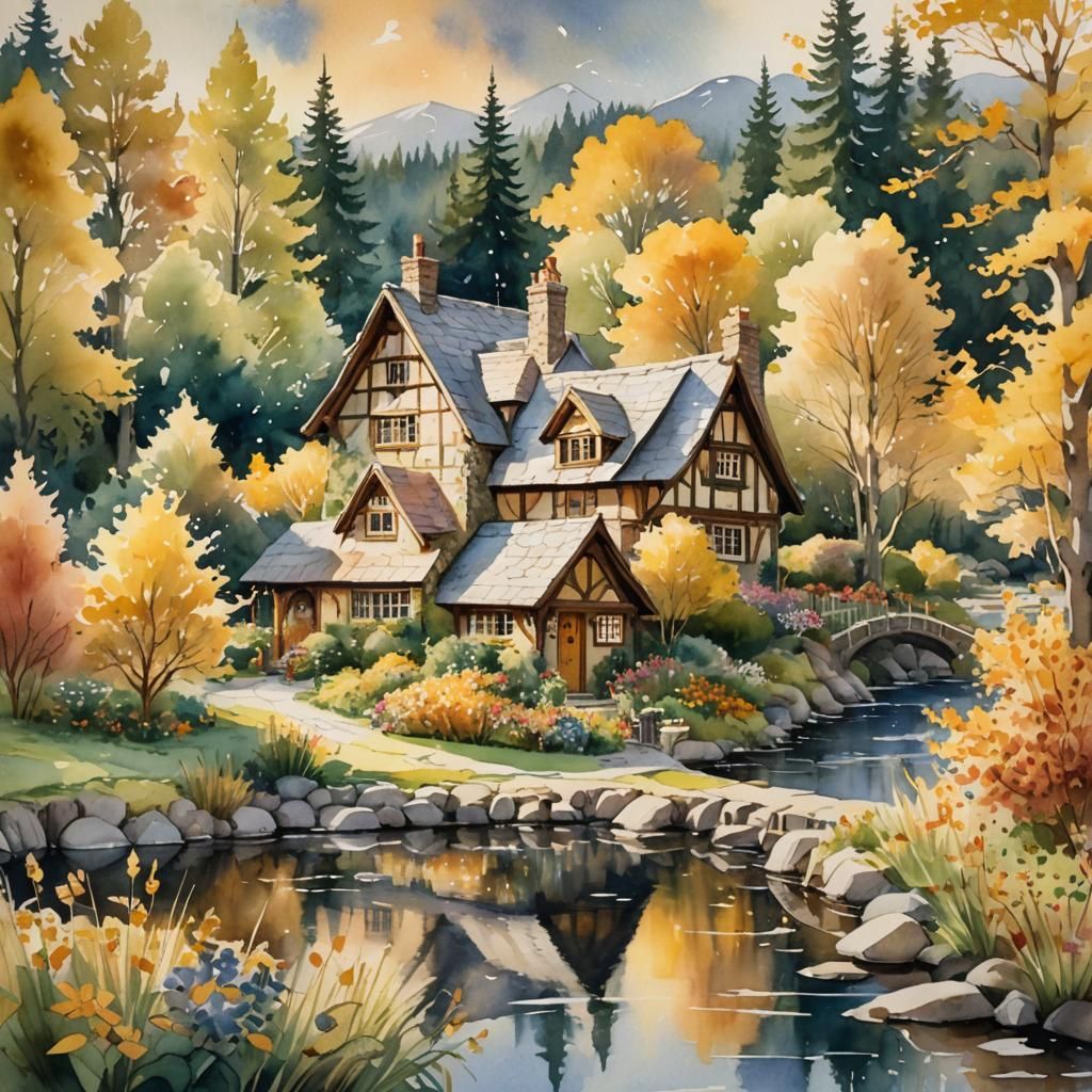 Fairytale Cottage Inn Watercolor Painting