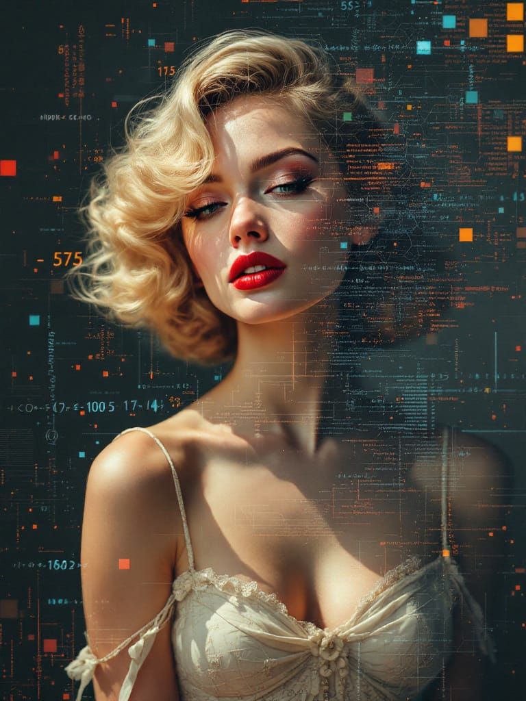 Blonde Pin-Up Woman in Glitch Art Style