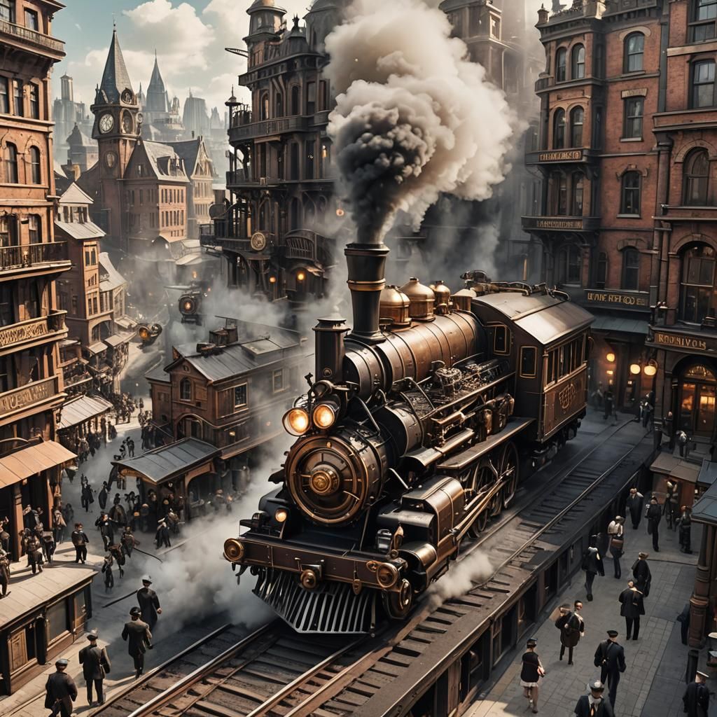 Steampunk Train Journey Through the City