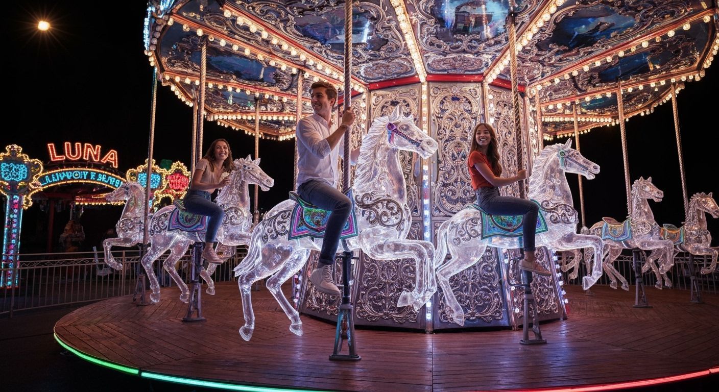 Vibrant Neon Carousel Ride at Luna Park