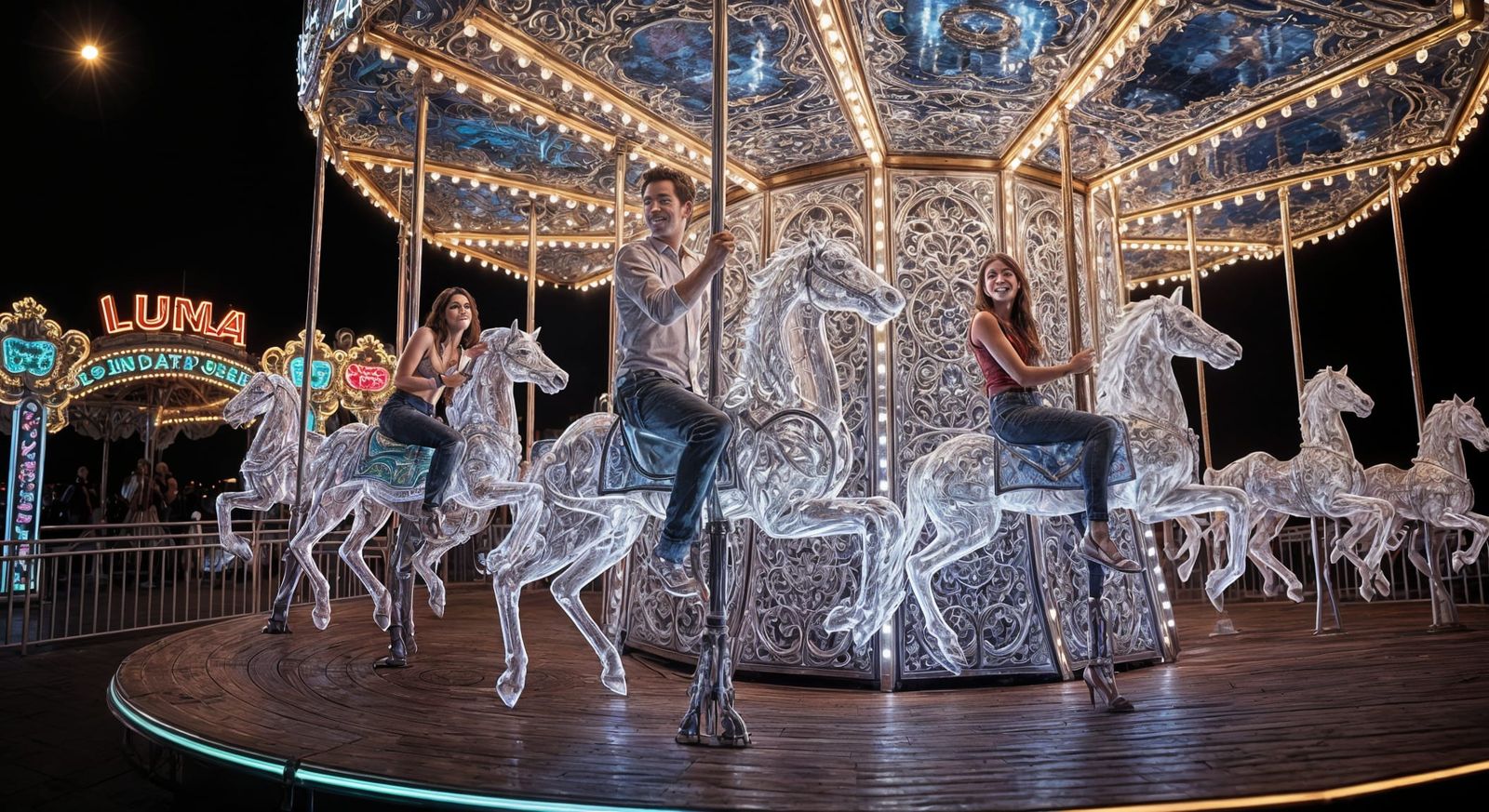 Neon Carousel Ride at Luna Park in Hyper-Realistic Style