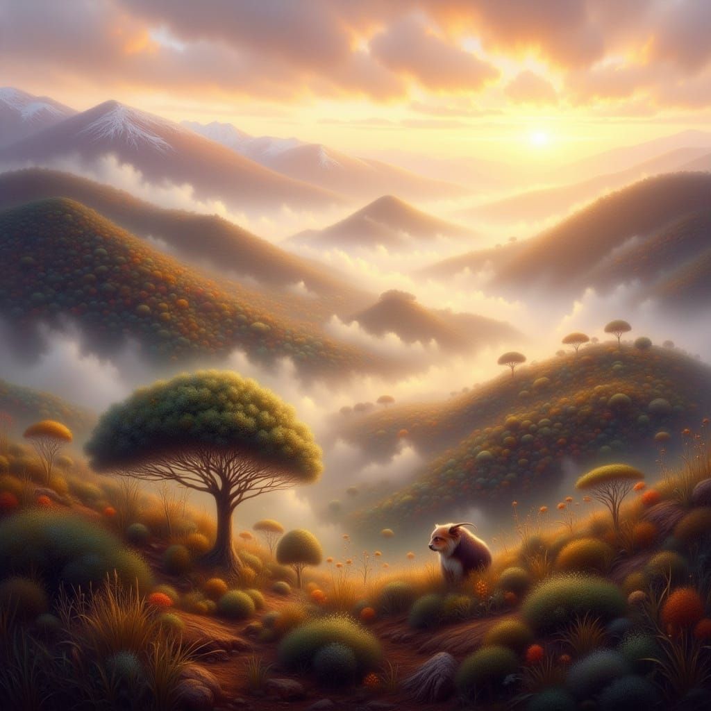 Misty Ethiopian Highlands at Sunrise in Atmospheric Style