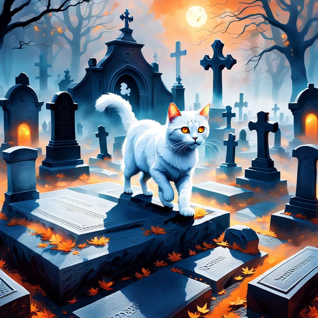 White Cat Pouncing in Misty Graveyard: Digital Matte Paintin...