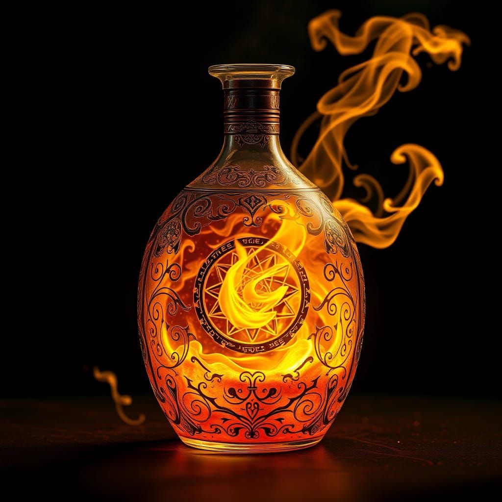 Mystical Glass Bottle Holds Swirling, Golden-Orange Flames i...