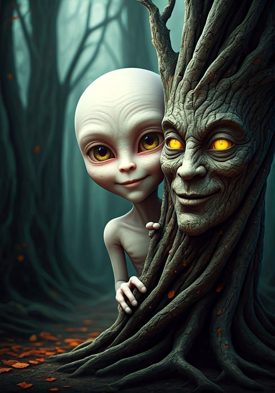 Friendly Alien Peeks from Behind Twisted Tree
