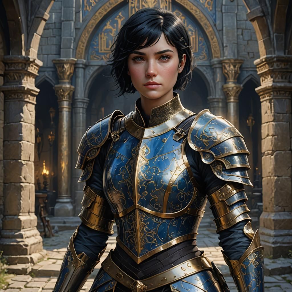 Female human knight. Short black hair with blue eyes. Petite frame. Wears gold and silver armor.