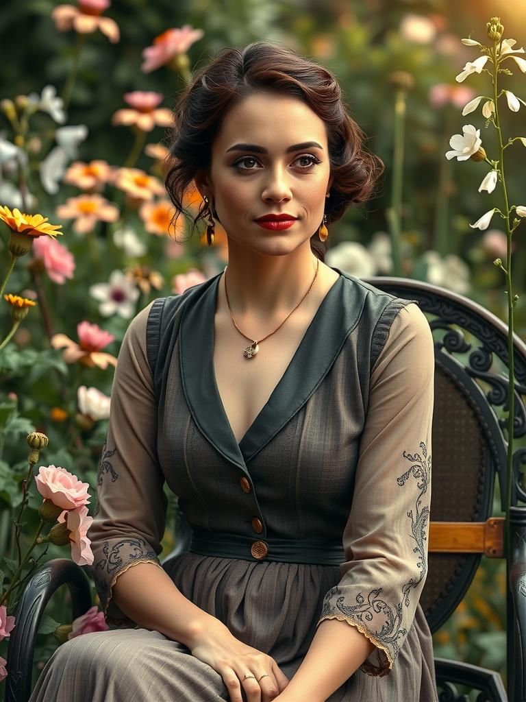 Elegant Woman in Vintage Garden: Pre-Raphaelite Style