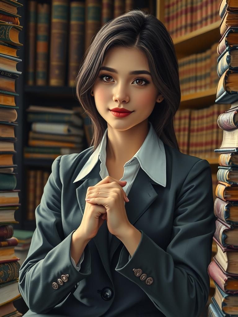 Woman in Library, Watercolour Painting with Realism