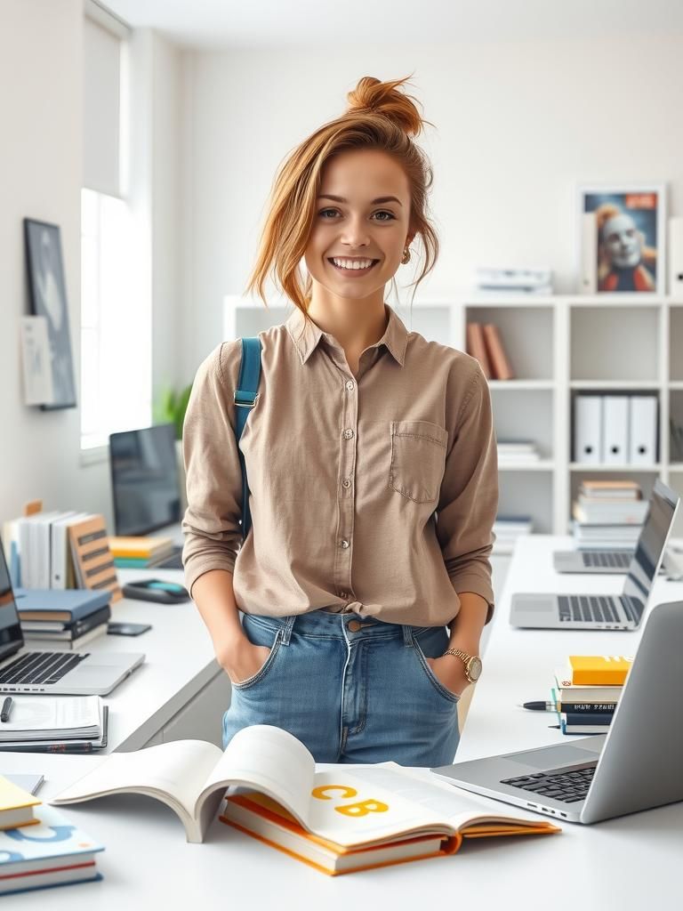 Smiling Woman in Office: Digital Art Portrait