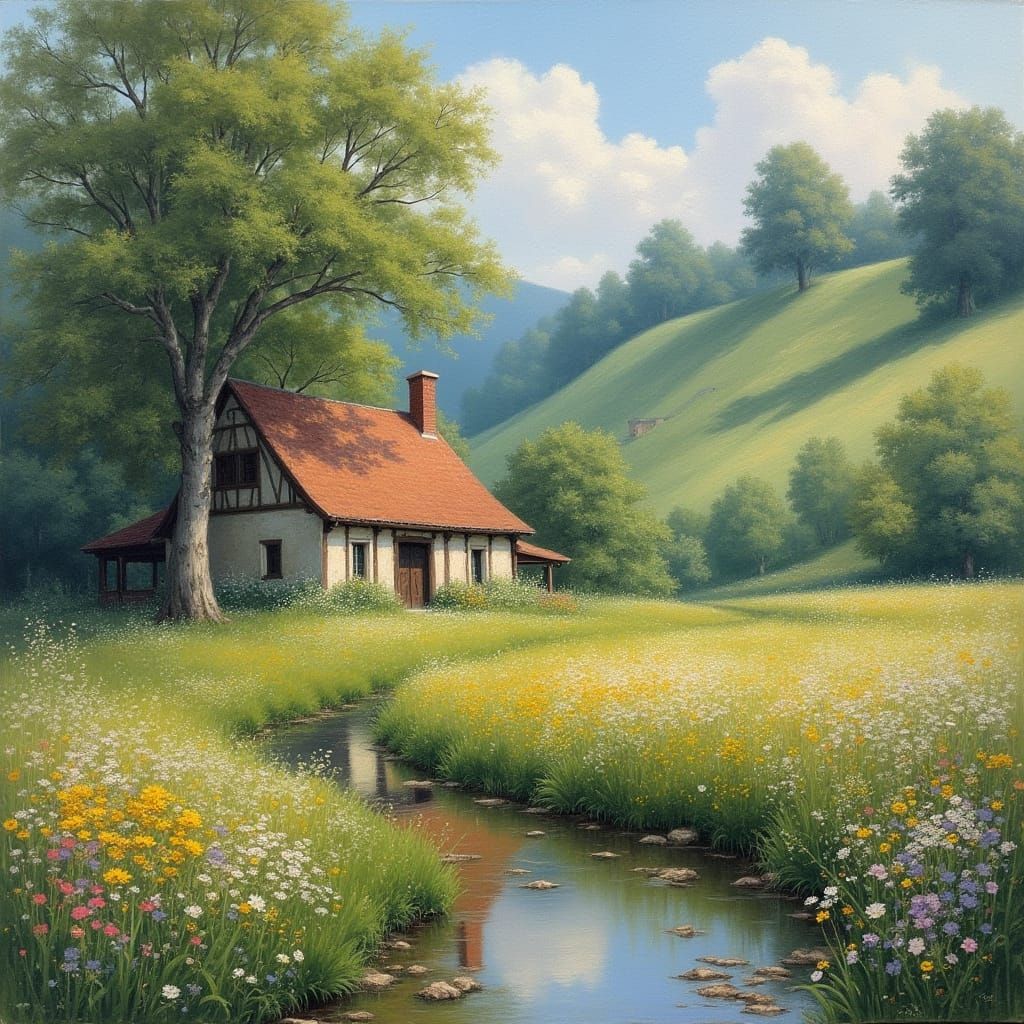 Idyllic Sunset Countryside Landscape in Impressionist Style