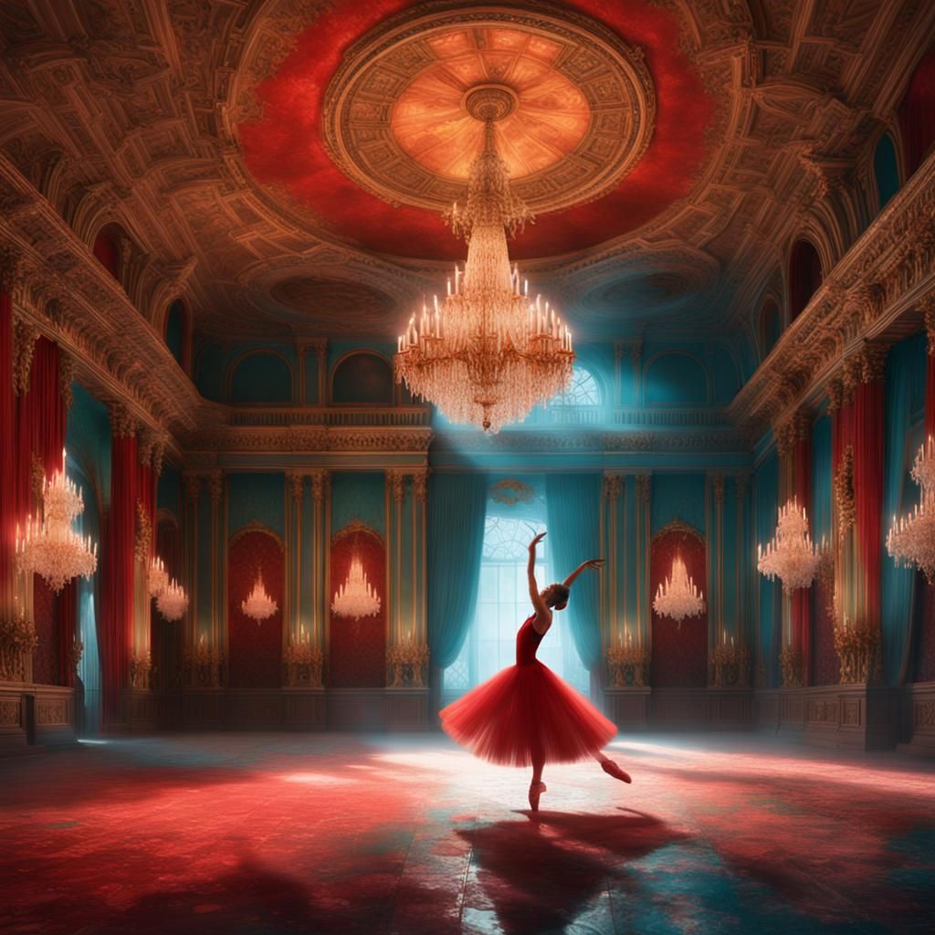 Ballerina in Abandoned Ballroom, Hyper-Realistic Concept Art
